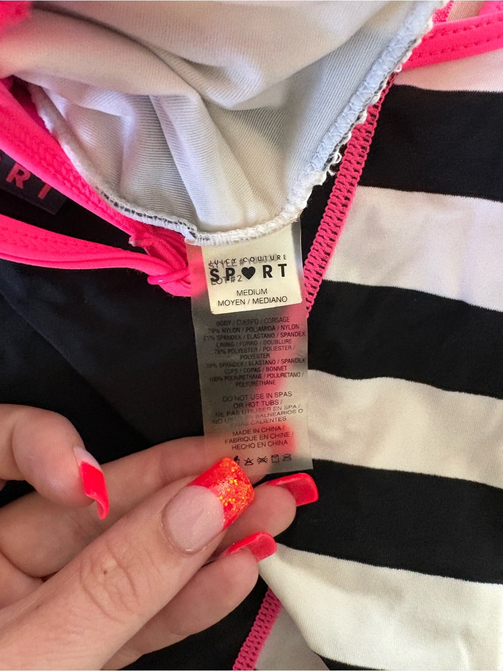 Juicy Couture Black, White & Hot Pink Stripe One-Piece Swim w/ Zipper Sz M NWOT - Picture 3 of 3